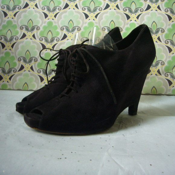 Pied a Terre Black Suede Sculpted Wedge Peep Toe Boot Lace up  Size 41 US 10 - Picture 3 of 8